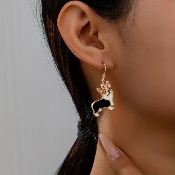 Corgi Dog Dangle Earrings Enamel 1.77 Inch Drop Fish Hook White Black Tan New - Picture 1 of 8